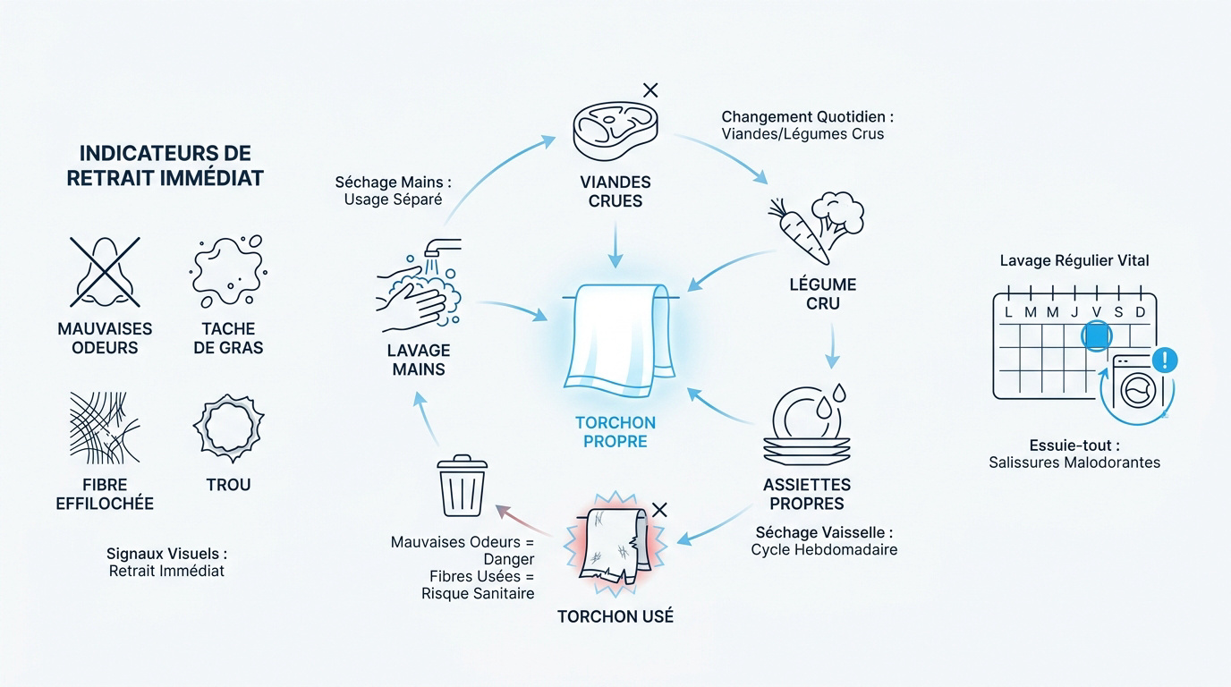 Schéma du cycle de vie et protocole d'hygiène des torchons de cuisine
