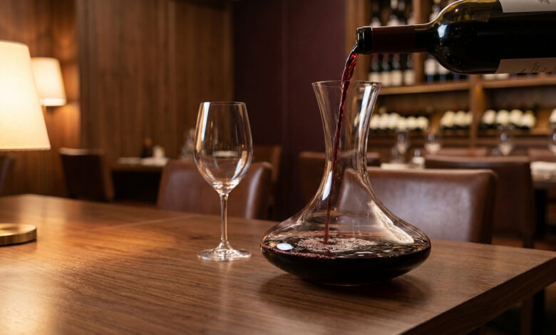 Une main verse du vin rouge d'une bouteille dans une carafe de décantation. Un verre vide à côté, dans un cadre de restaurant.