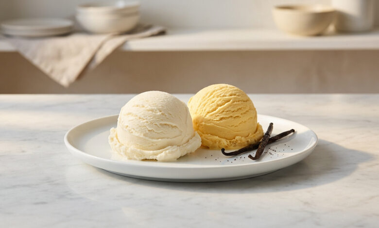 Deux boules de glace vanille, l'une claire, l'autre jaune foncé, avec gousses de vanille sur une assiette blanche.