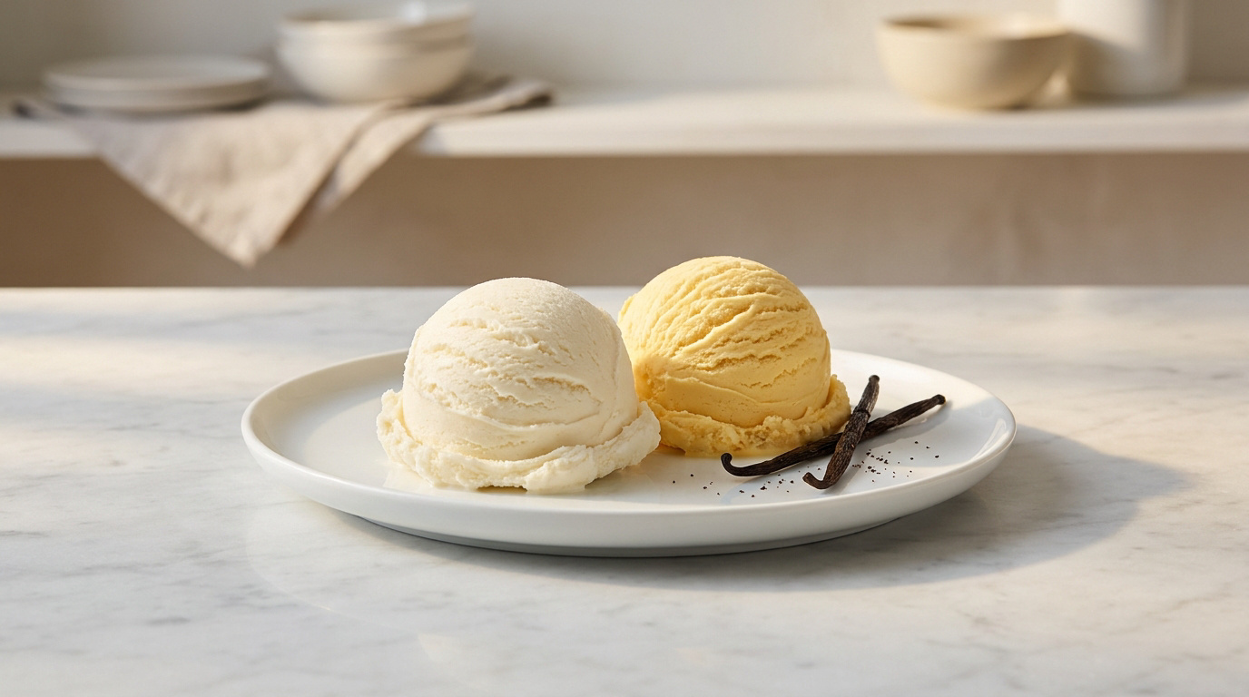 Deux boules de glace vanille, l'une claire, l'autre jaune foncé, avec gousses de vanille sur une assiette blanche.