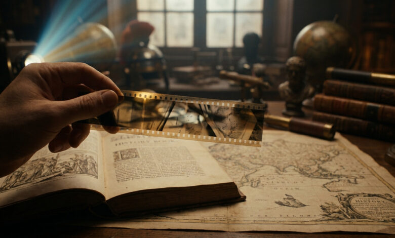 Une main tient une pellicule cinématographique devant un vieux livre d'histoire et une carte ancienne.