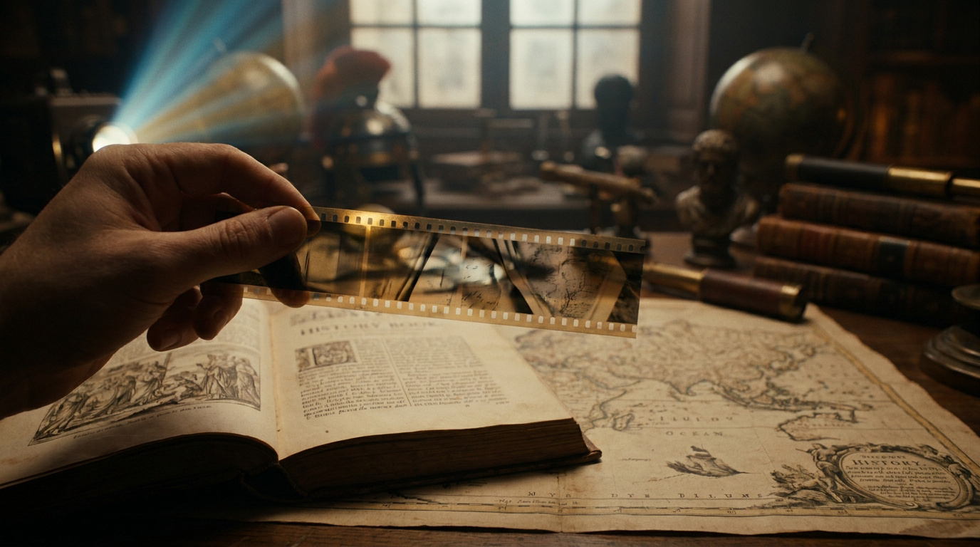 Une main tient une pellicule cinématographique devant un vieux livre d'histoire et une carte ancienne.