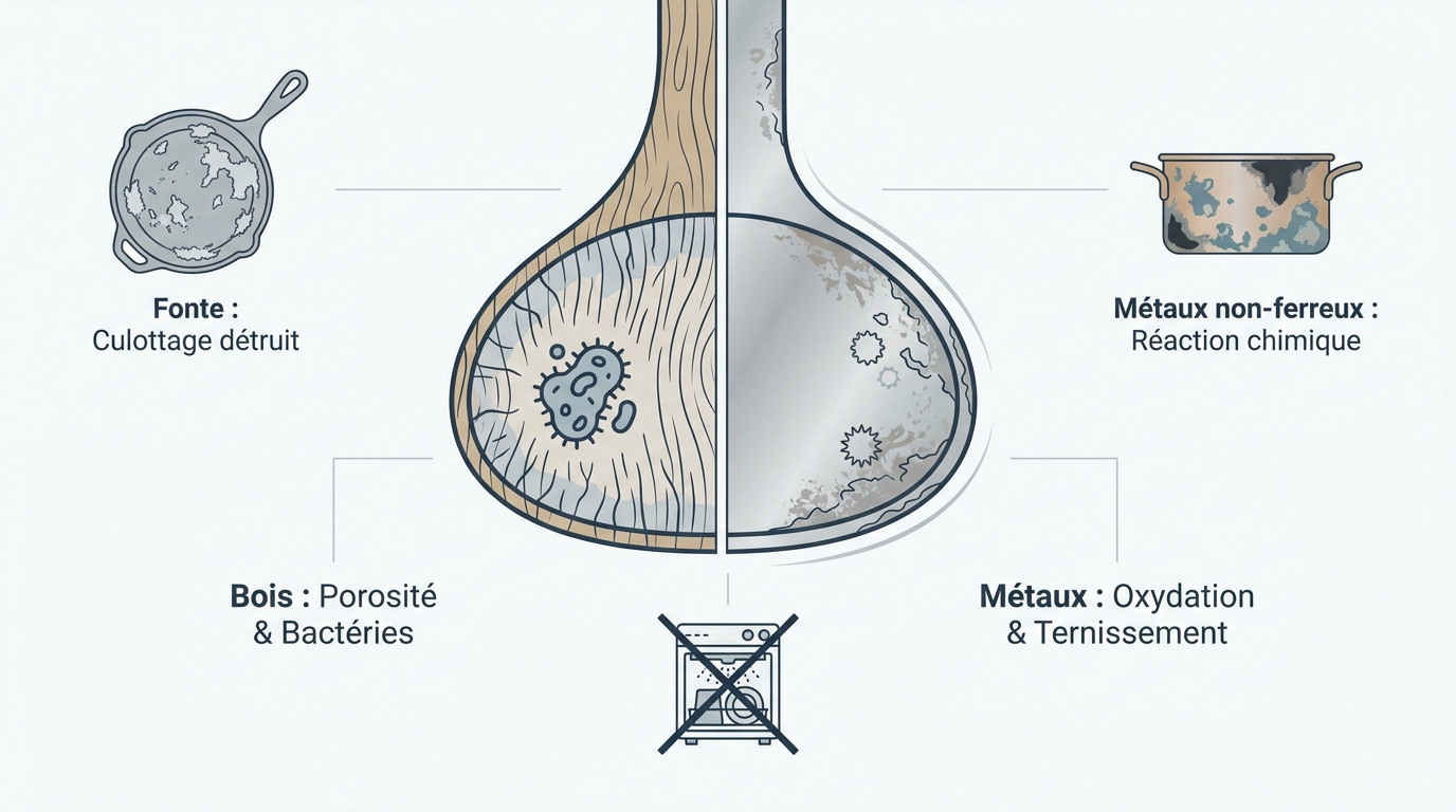 Ustensiles de cuisine en bois et métal endommagés par le lavage en machine