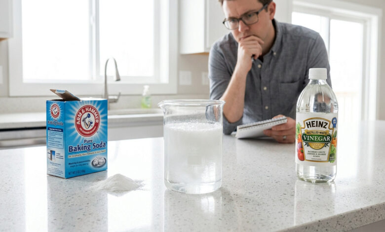 Un homme observe la réaction de bicarbonate de soude et de vinaigre dans un bécher en cuisine, avec les ingrédients sur le comptoir.