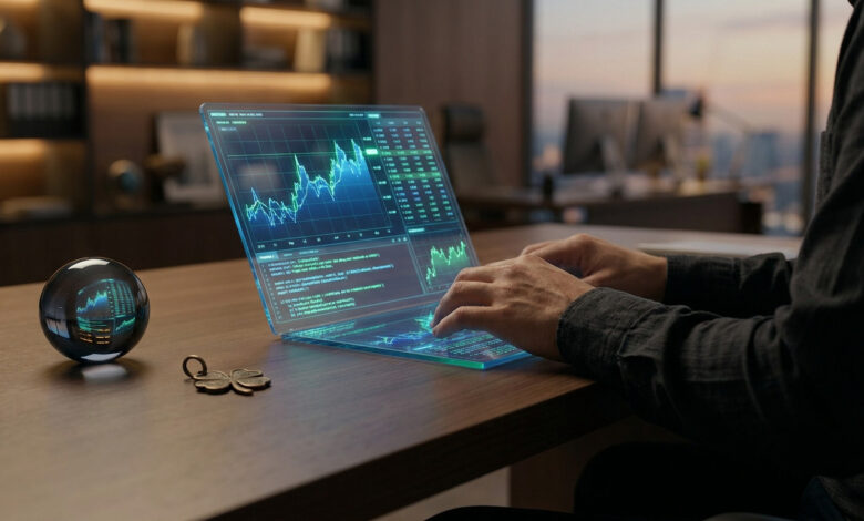 Un trader utilisant un ordinateur holographique avec une boule de cristal et un trèfle à quatre feuilles sur le bureau.