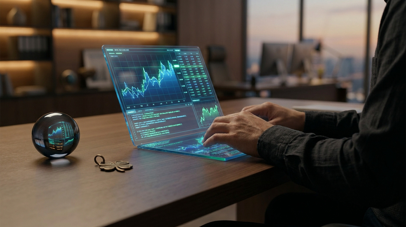 Un trader utilisant un ordinateur holographique avec une boule de cristal et un trèfle à quatre feuilles sur le bureau.