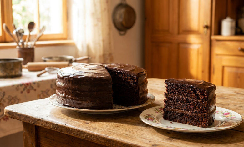 Un gâteau au chocolat riche sur une table en bois rustique avec une part découpée dans une assiette fleurie.