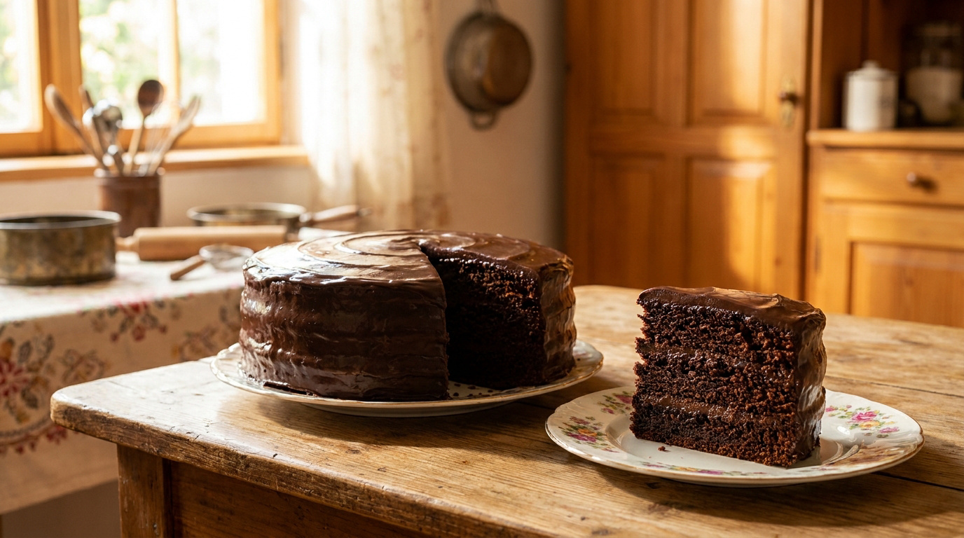 Un gâteau au chocolat riche sur une table en bois rustique avec une part découpée dans une assiette fleurie.
