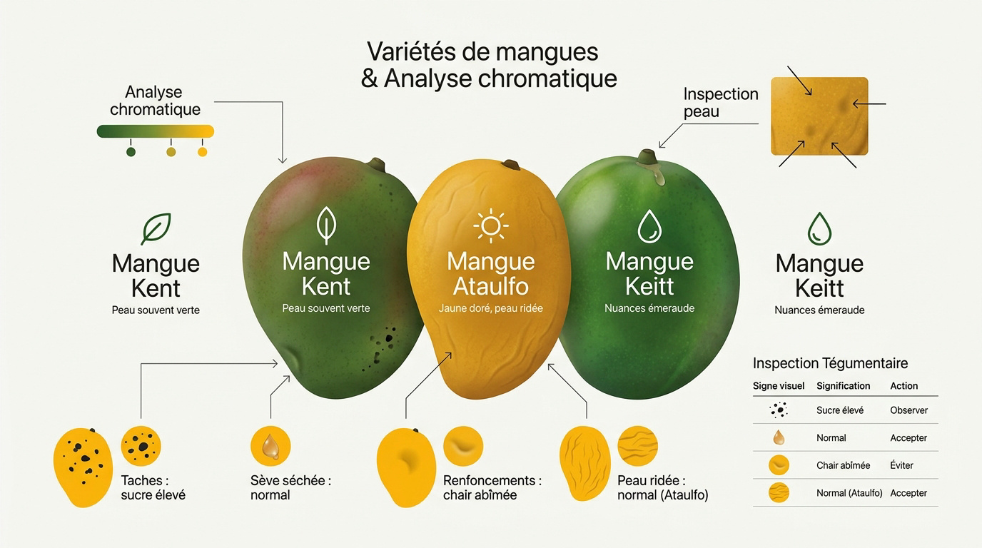 Comparaison visuelle des variétés de mangues Kent, Ataulfo et Keitt à différents stades de maturité