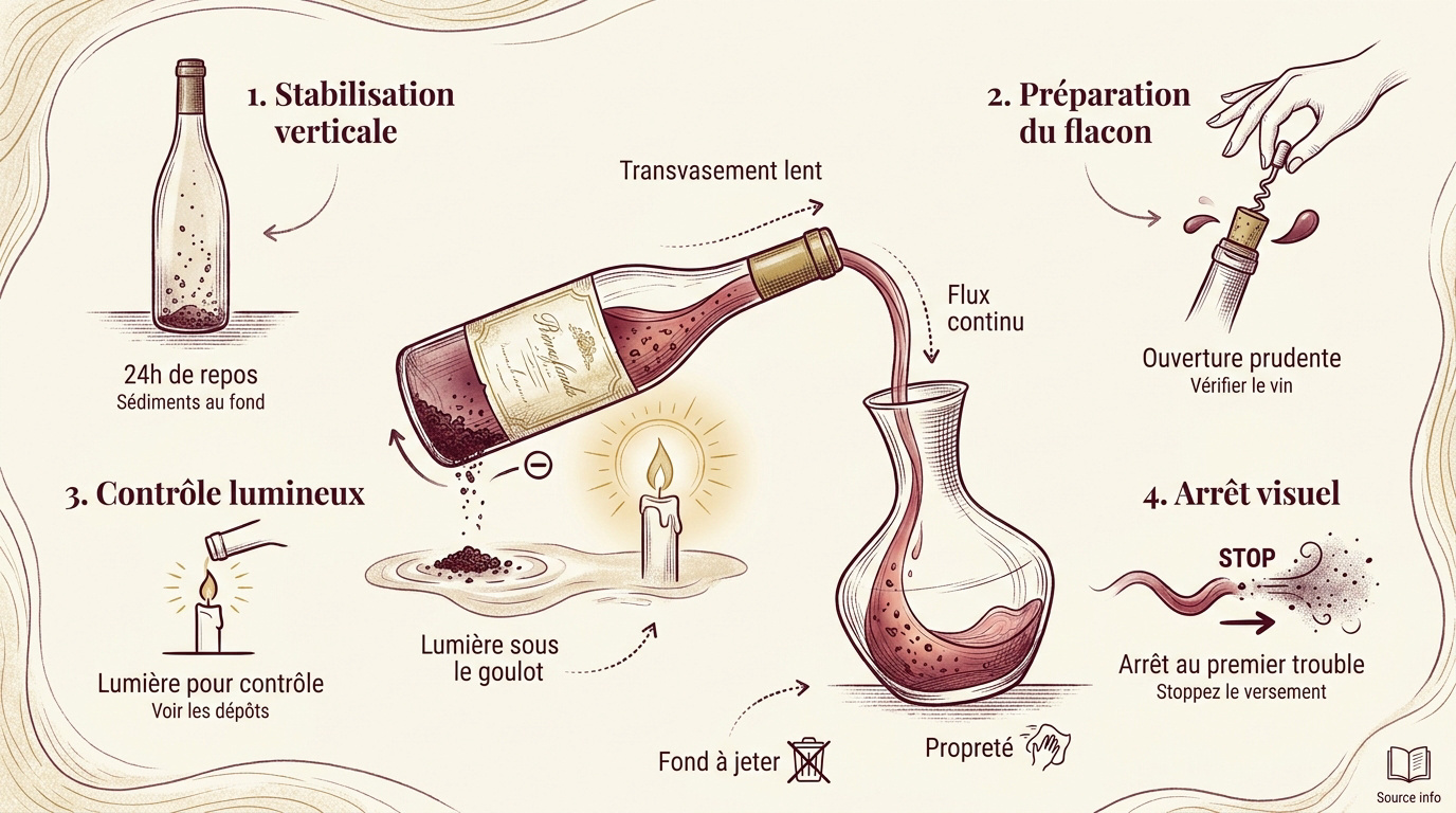 Processus de décantation d'un vin rouge avec bougie pour le contrôle des sédiments