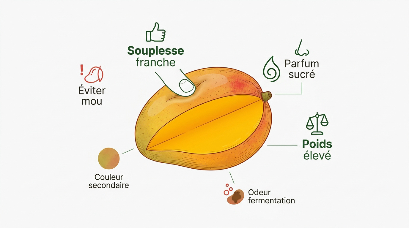 Examen tactile et visuel d'une mangue pour vérifier sa maturité
