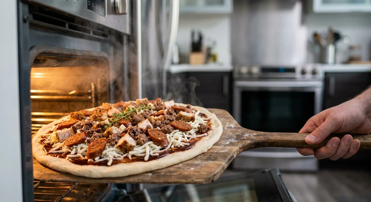 Pizza cannibale glissée dans un four chaud sur une pelle en bois, garnie de viandes et mozzarella