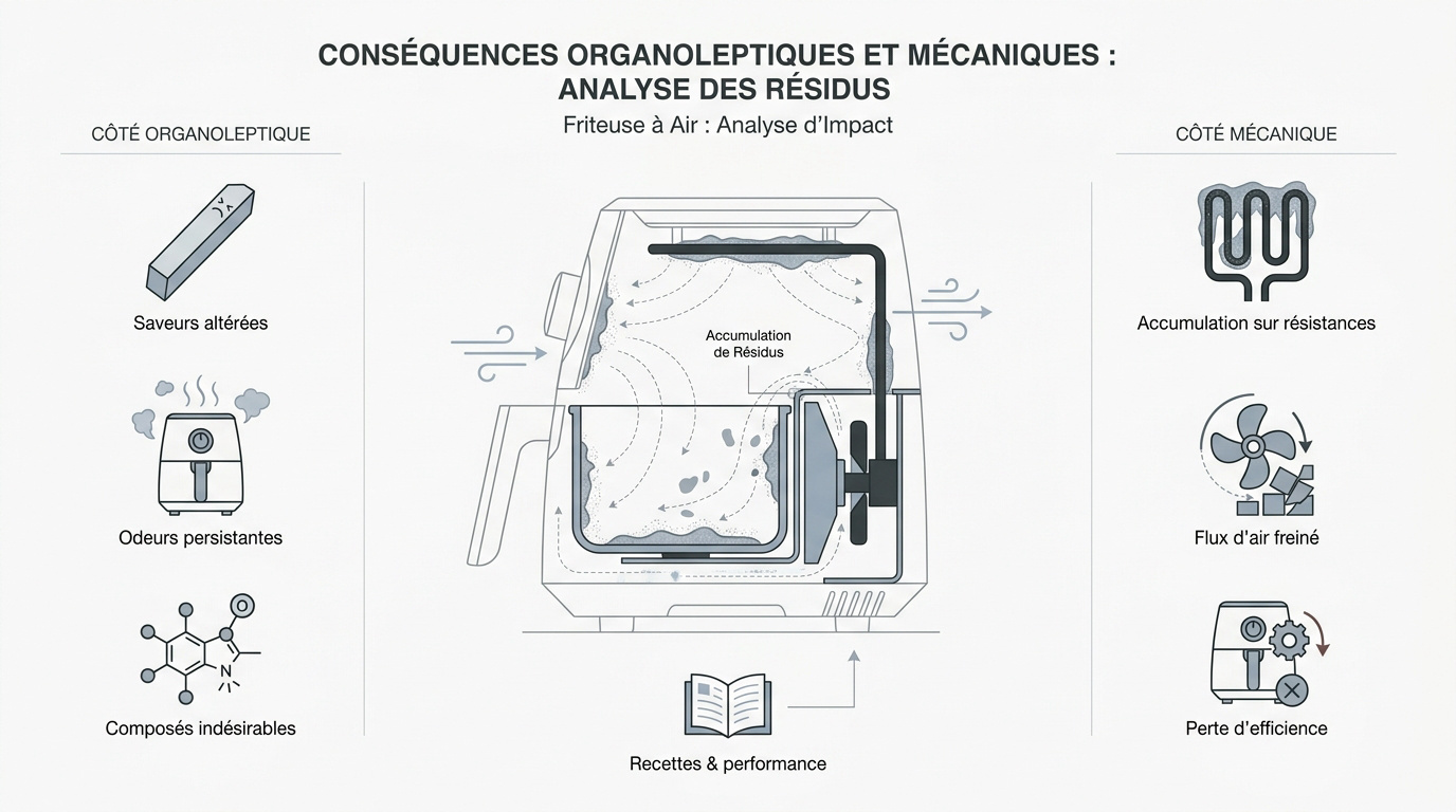 Analyse des dépôts de résidus de spray de cuisson sur les composants internes d'un air fryer