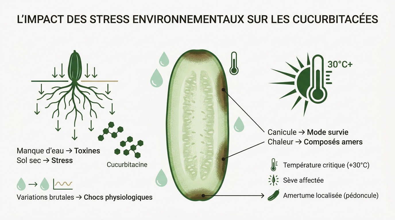 Schéma illustrant l'impact du stress thermique et hydrique sur la production de cucurbitacine dans les concombres