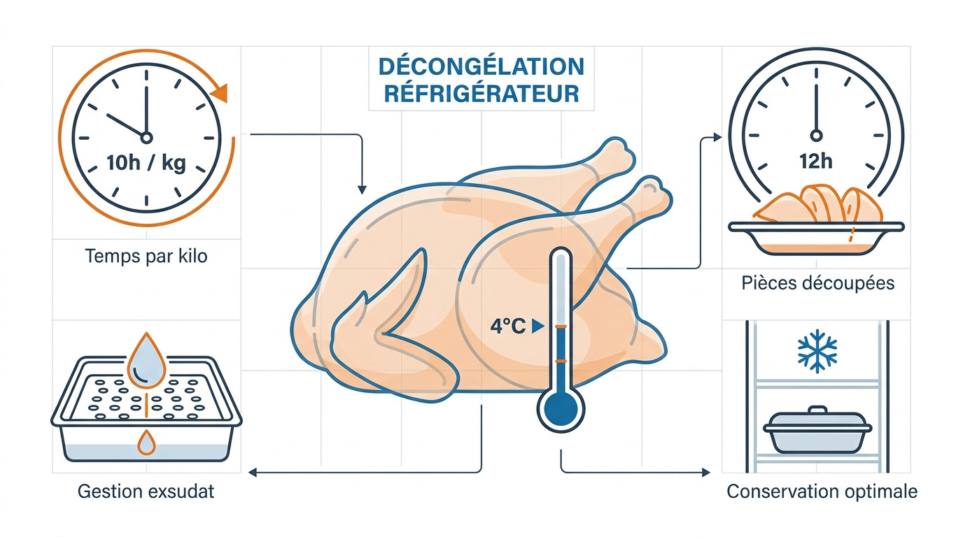 Infographie détaillant les temps de décongélation du poulet au réfrigérateur selon le poids
