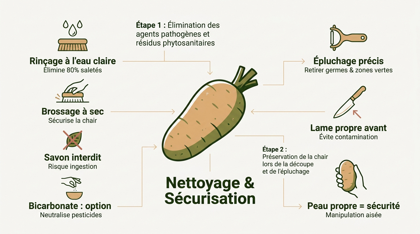 Infographie technique détaillant les étapes de décontamination et de sécurisation sanitaire des pommes de terre