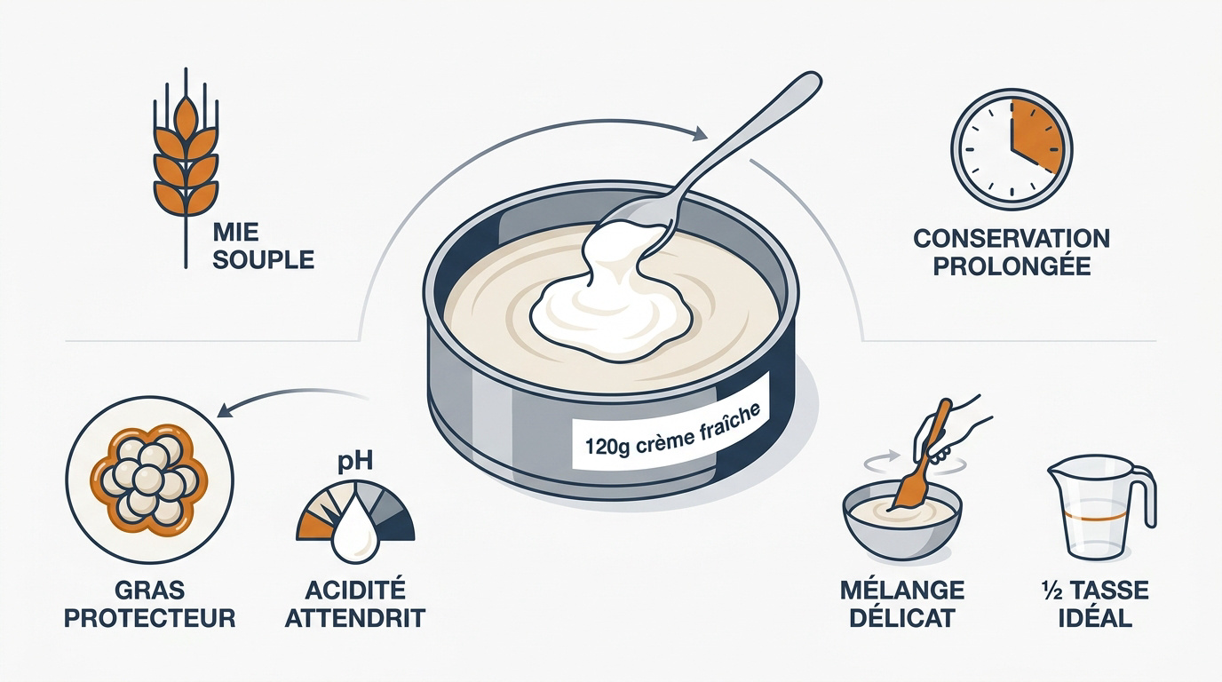 Infographie expliquant l'ajout de crème fraîche dans la pâte à gâteau pour plus de moelleux