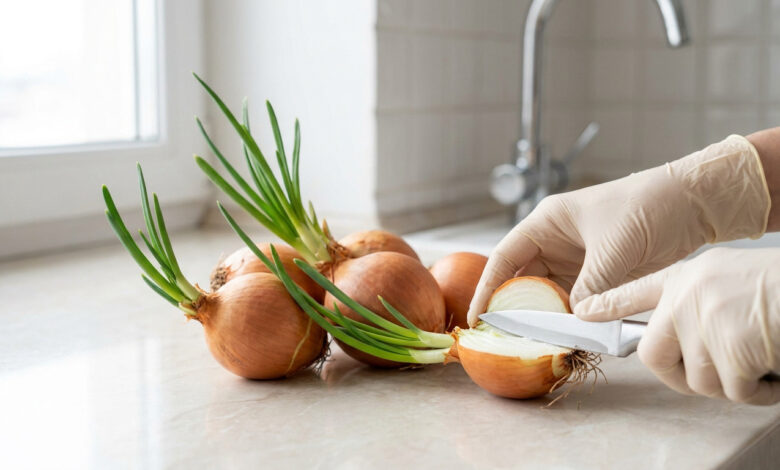 Mains avec gants coupant un oignon germé sur un plan de travail en cuisine.