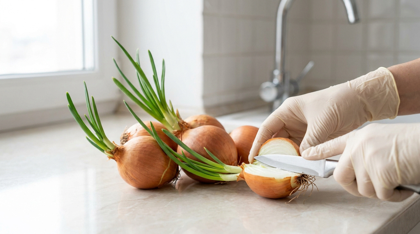 Mains avec gants coupant un oignon germé sur un plan de travail en cuisine.