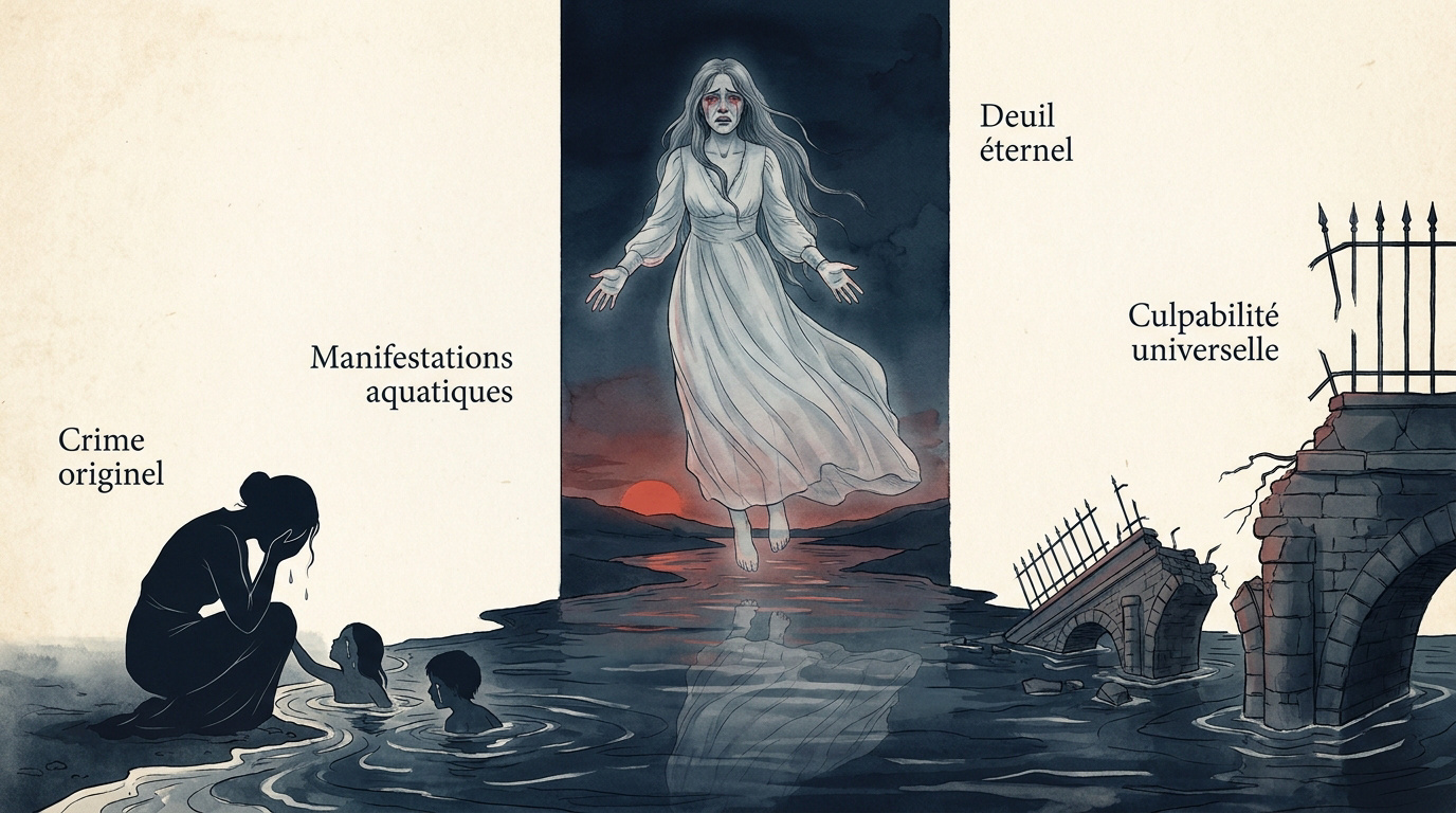Représentation spectrale de la Llorona errant près d'une rivière la nuit
