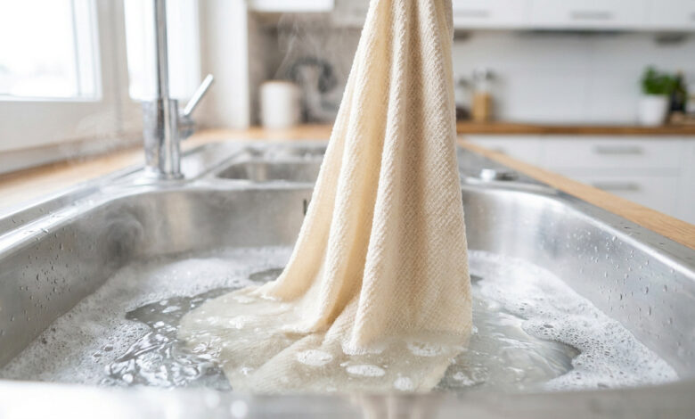 Un torchon beige est plongé dans un évier en inox rempli d'eau chaude savonneuse et fumante, pour une décontamination hygiénique.