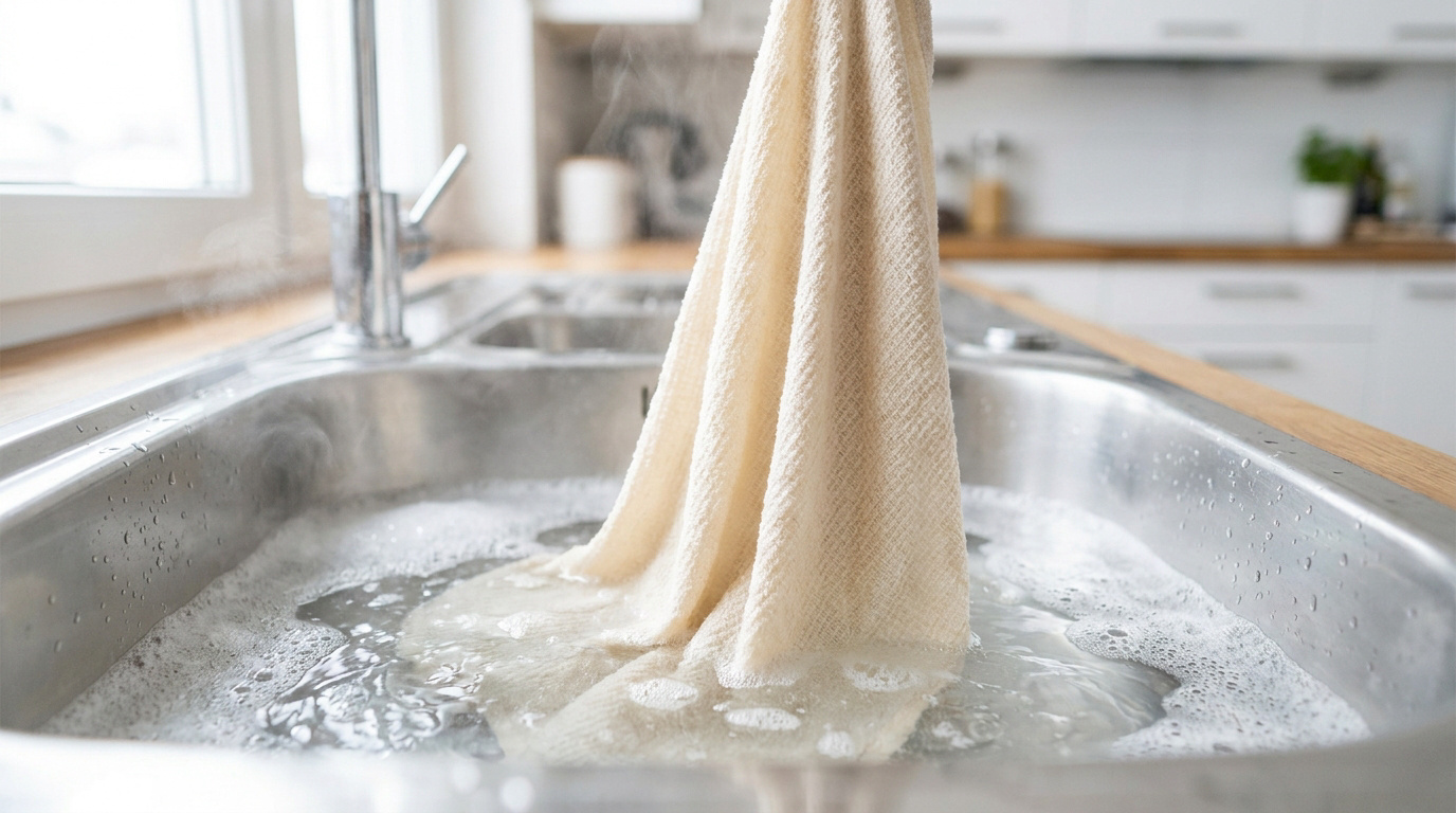 Un torchon beige est plongé dans un évier en inox rempli d'eau chaude savonneuse et fumante, pour une décontamination hygiénique.