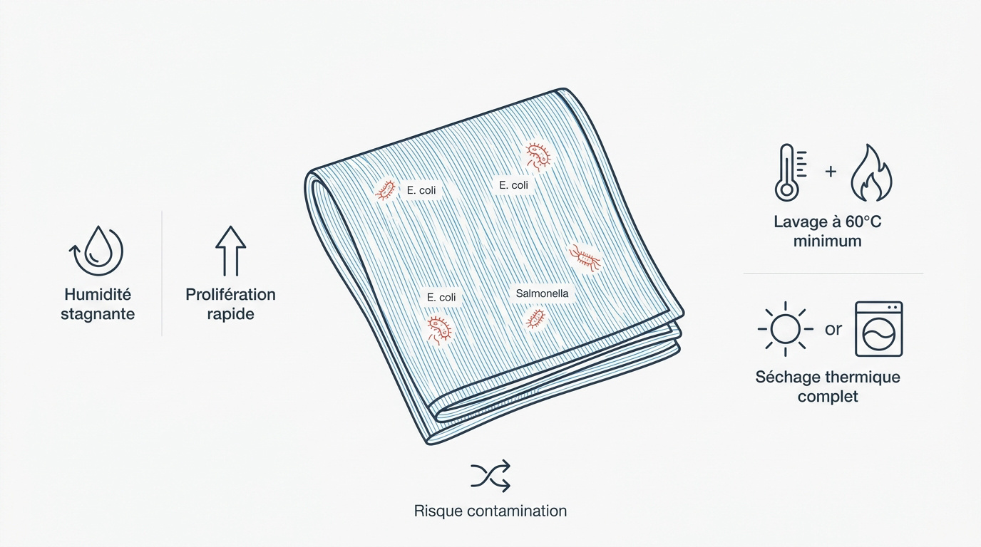 Analyse microscopique des bactéries sur un torchon de cuisine humide