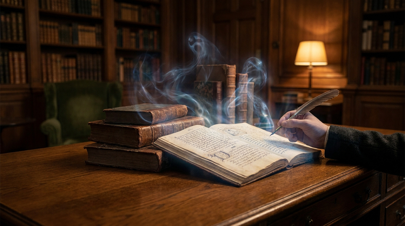Main écrivant à la plume dans un livre ancien. Des volutes bleutées, comme des esprits, émanent du texte sur un bureau de bibliothèque.