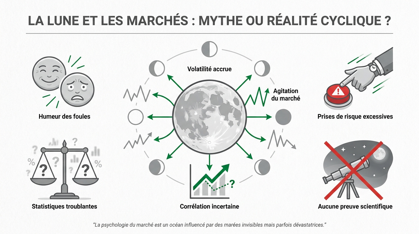 Représentation symbolique de la pleine lune dominant les courbes de graphiques boursiers