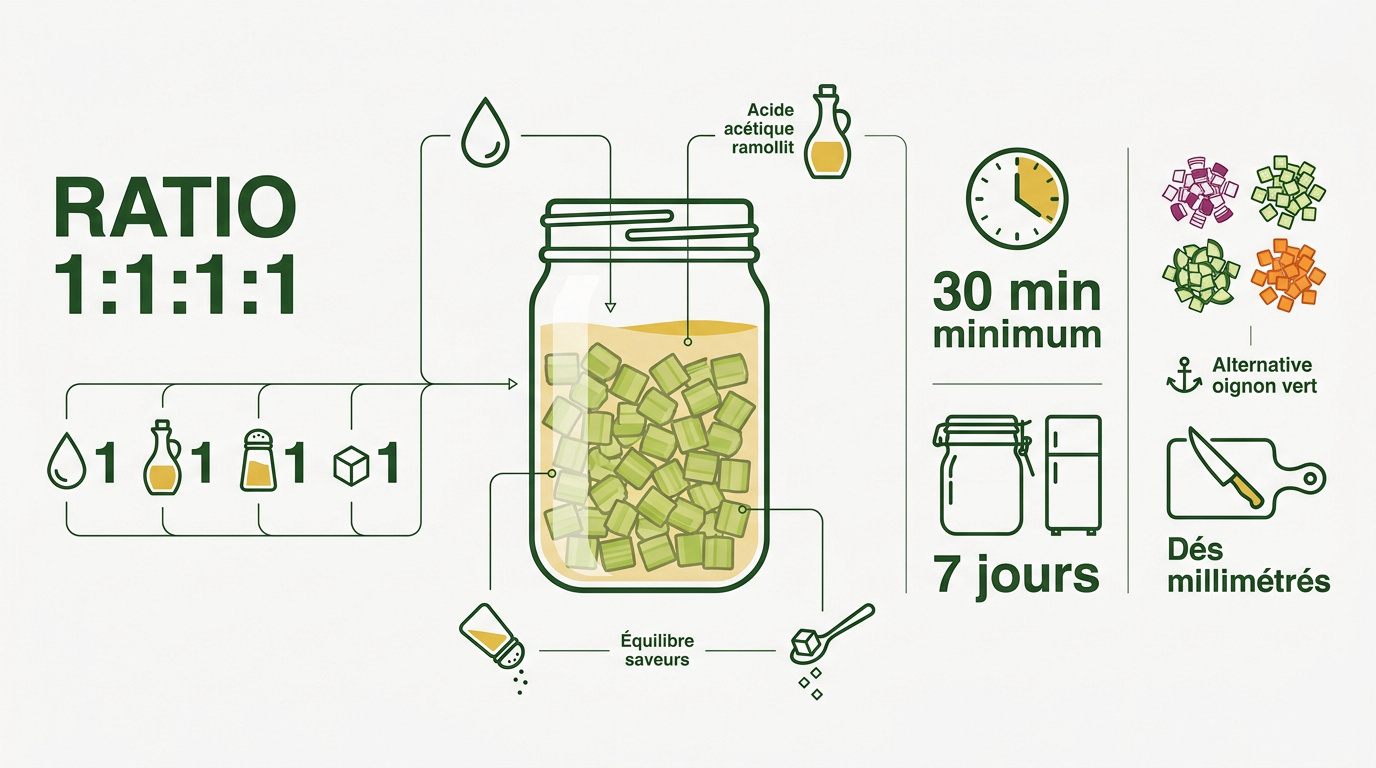 Préparation d'une marinade de céleri avec le ratio eau vinaigre sel et sucre