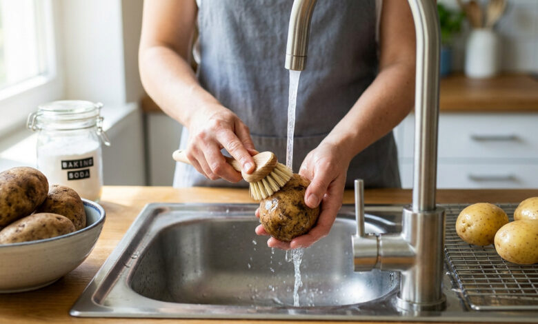 Une personne nettoie une pomme de terre avec une brosse sous l'eau d'un robinet dans une cuisine lumineuse.