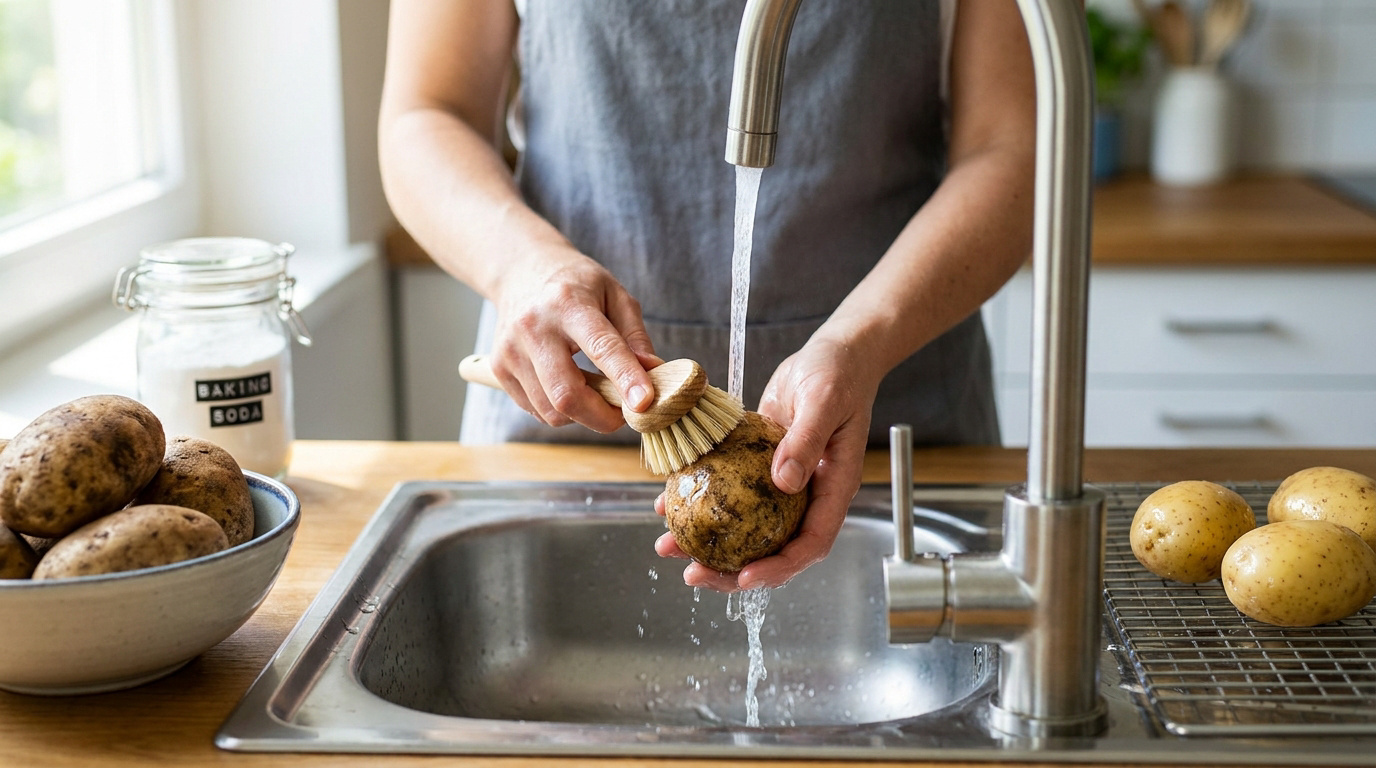 Une personne nettoie une pomme de terre avec une brosse sous l'eau d'un robinet dans une cuisine lumineuse.