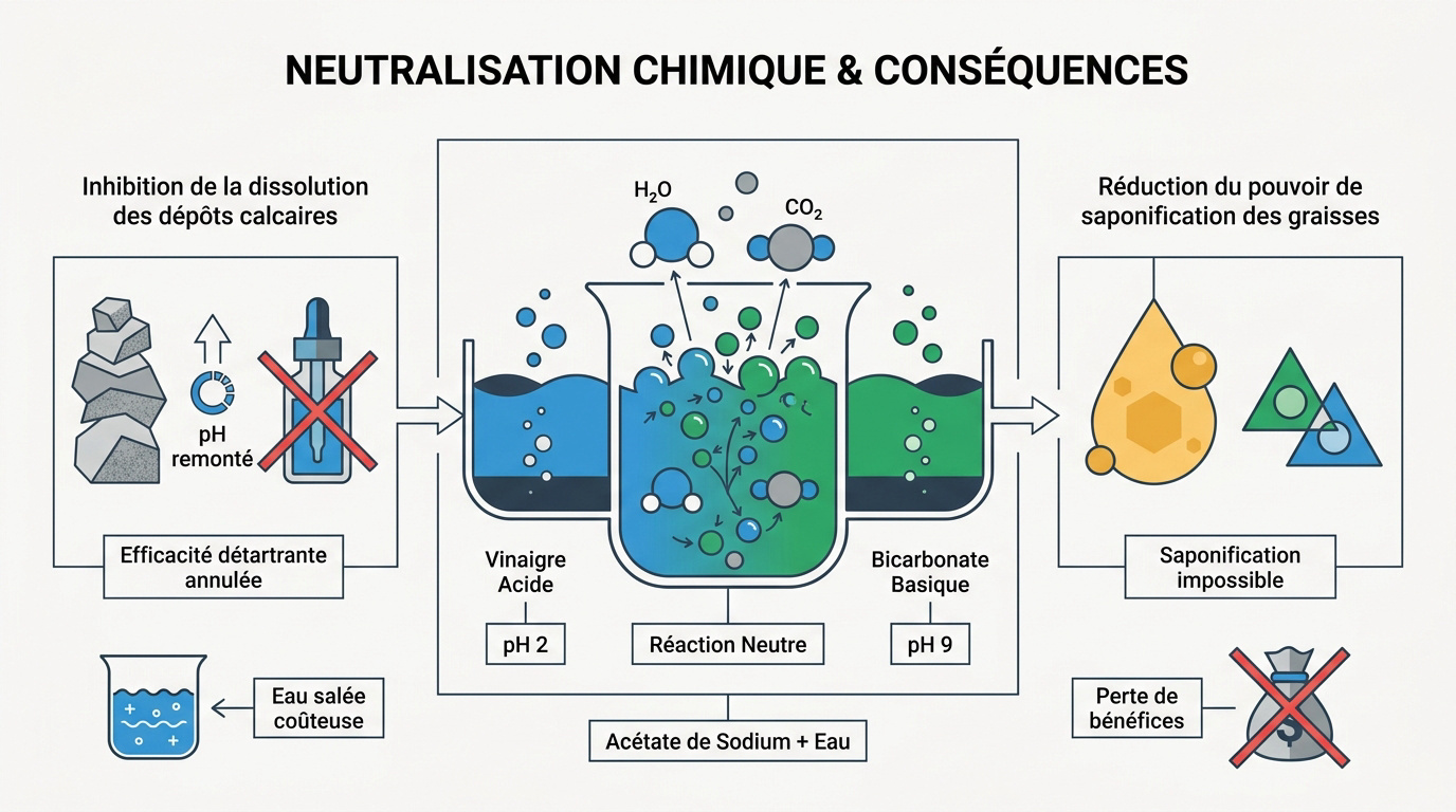 Réaction chimique entre le bicarbonate de soude et le vinaigre blanc créant de l'effervescence