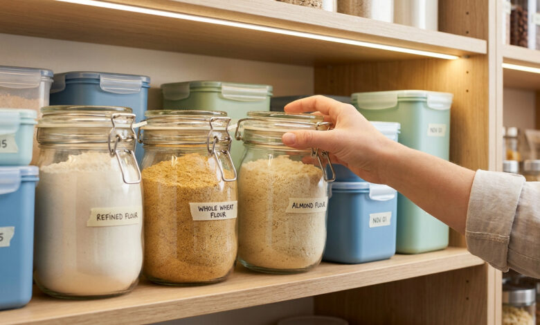 Une main saisit un bocal en verre étiqueté contenant de la farine sur une étagère de garde-manger bien organisée.