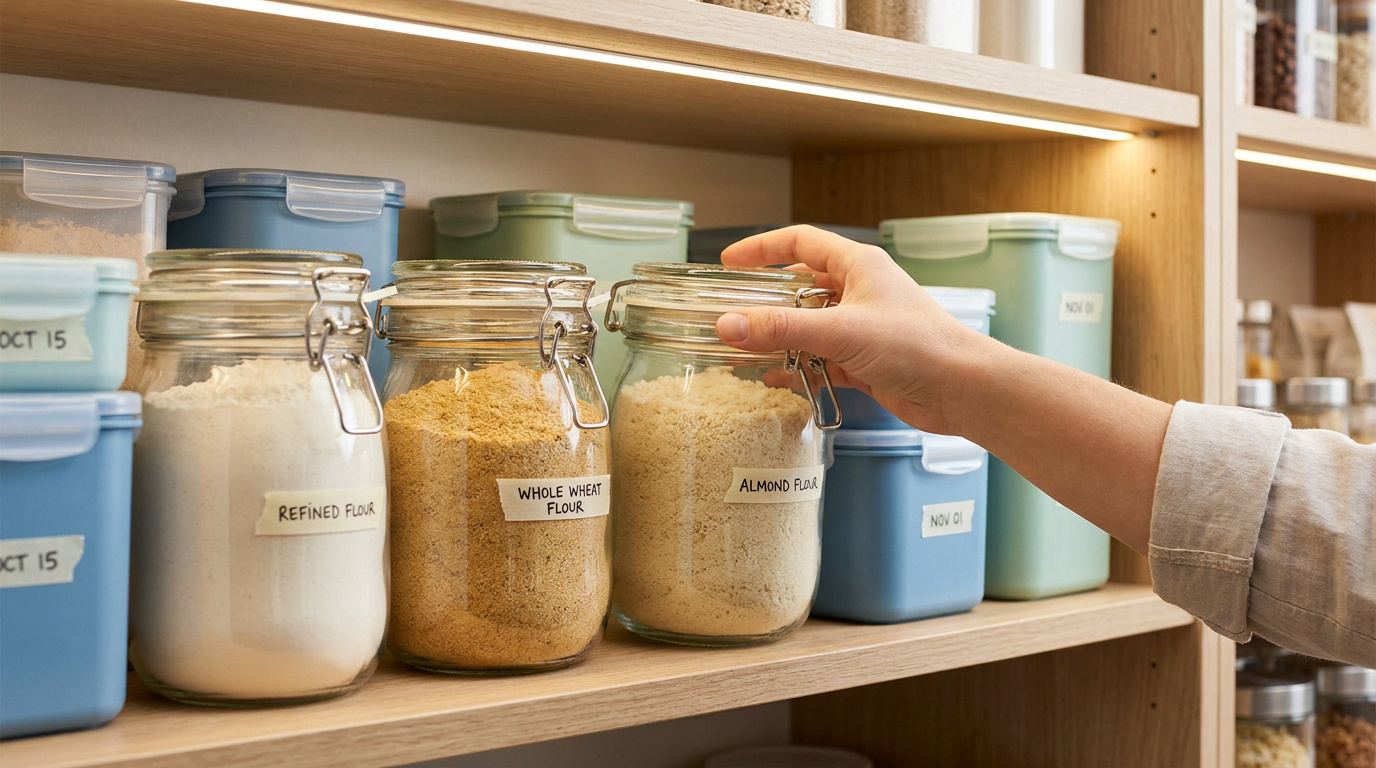 Une main saisit un bocal en verre étiqueté contenant de la farine sur une étagère de garde-manger bien organisée.