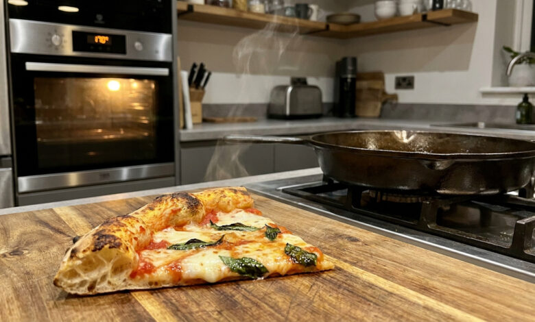 Une part de pizza fumante sur une planche en bois devant une poêle en fonte et un four allumé.