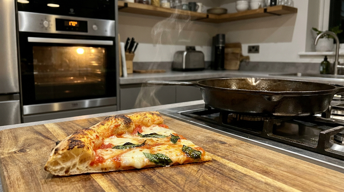 Une part de pizza fumante sur une planche en bois devant une poêle en fonte et un four allumé.
