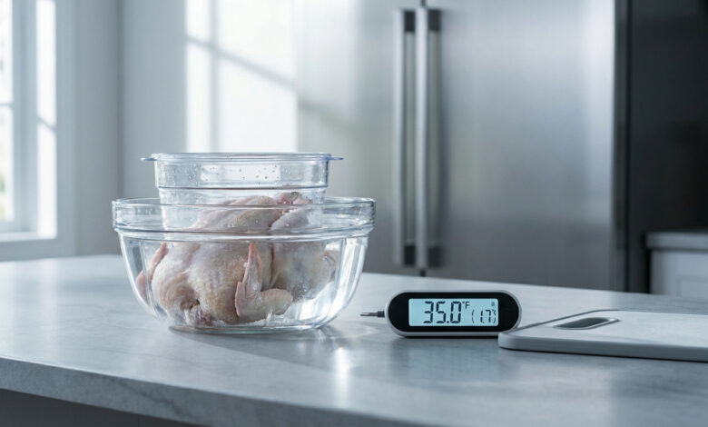 Un poulet entier dans un bol en verre avec un thermomètre numérique affichant la température sur un comptoir.