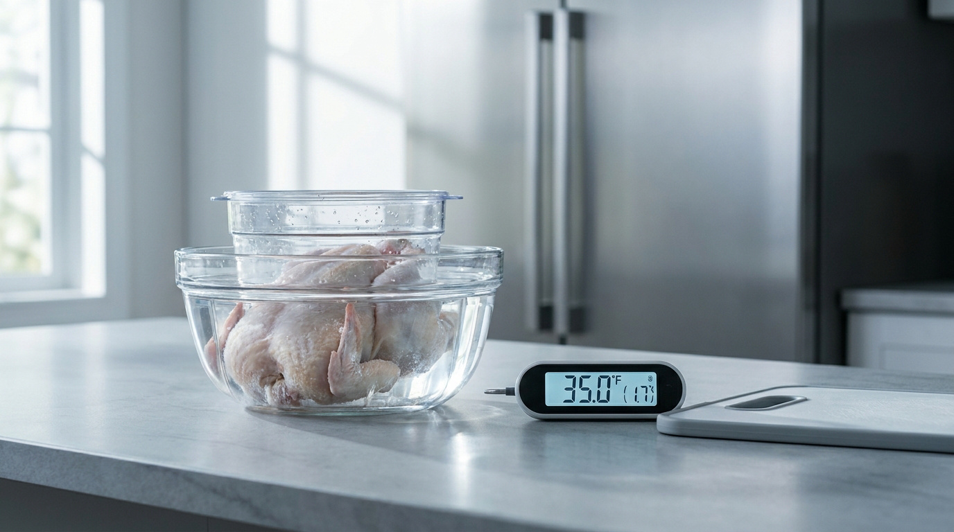 Un poulet entier dans un bol en verre avec un thermomètre numérique affichant la température sur un comptoir.