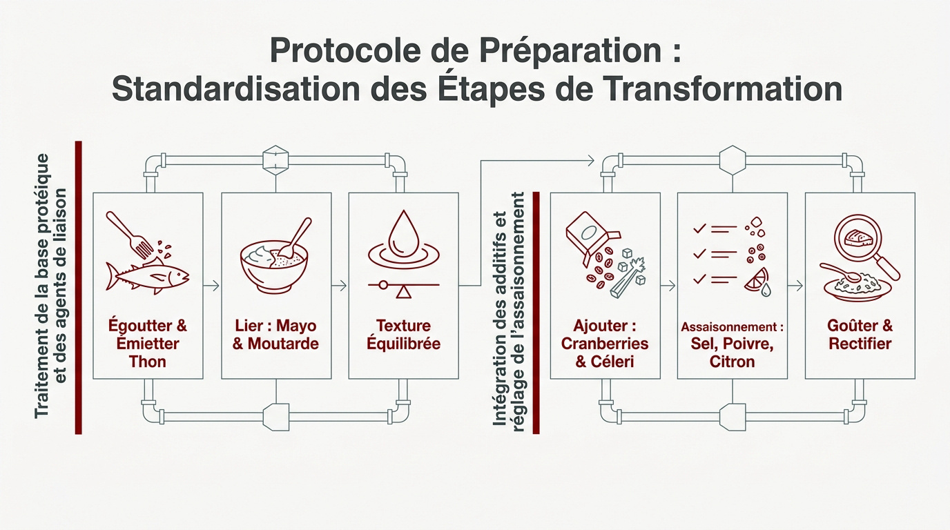 Préparation technique d'une salade de thon avec cranberries et herbes fraîches