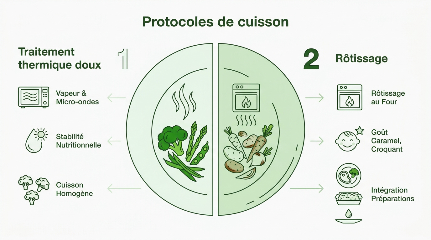 Comparaison visuelle entre la cuisson douce à la vapeur et le rôtissage du brocoli pour une texture optimale