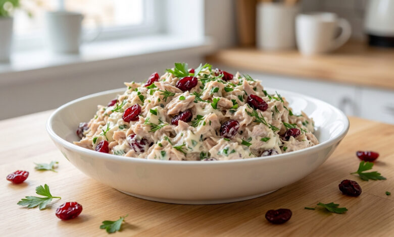 Un bol de salade au thon avec des cranberries et des herbes fraîches, posé sur une table en bois dans une cuisine.