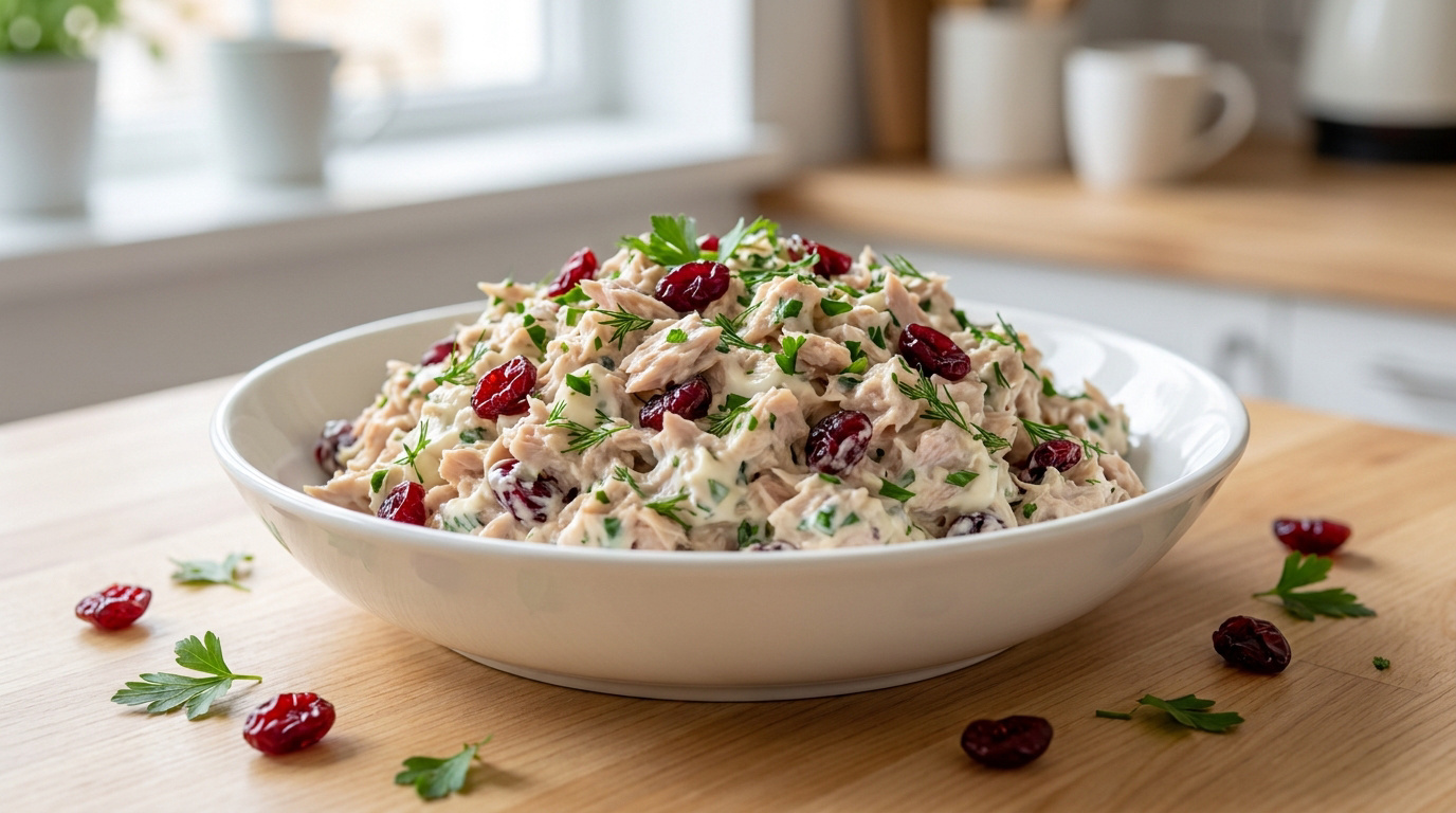 Un bol de salade au thon avec des cranberries et des herbes fraîches, posé sur une table en bois dans une cuisine.
