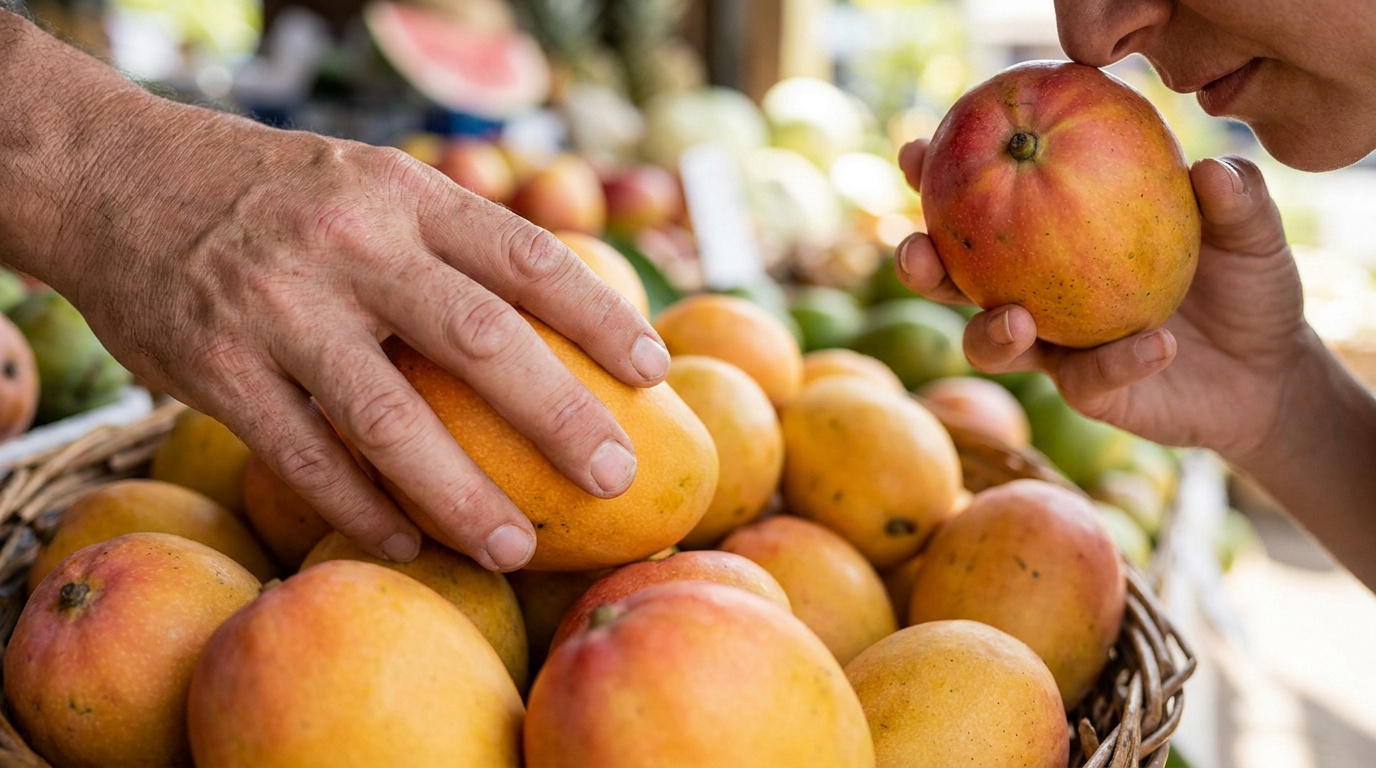 Une personne hume une mangue tandis qu'une autre en touche une pour tester sa maturité sur un étal de marché.