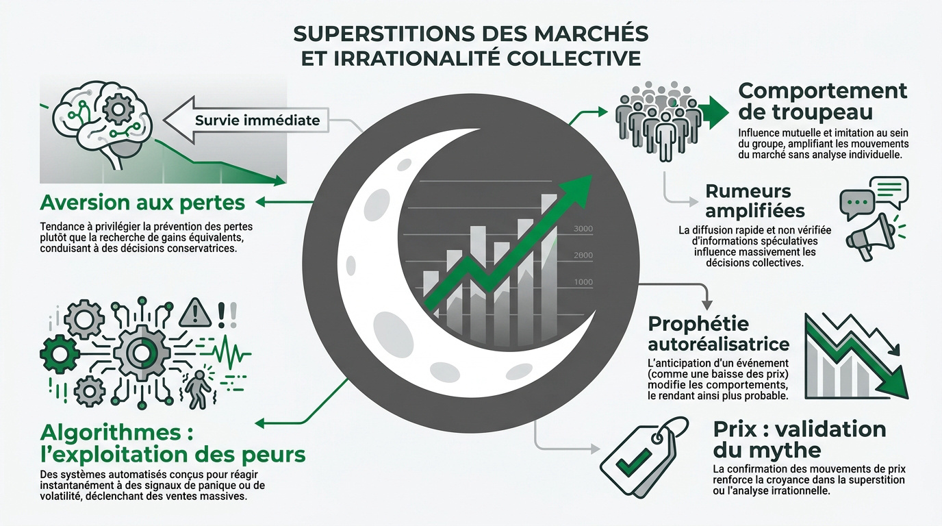 Représentation visuelle de l'irrationalité et des superstitions sur les marchés financiers