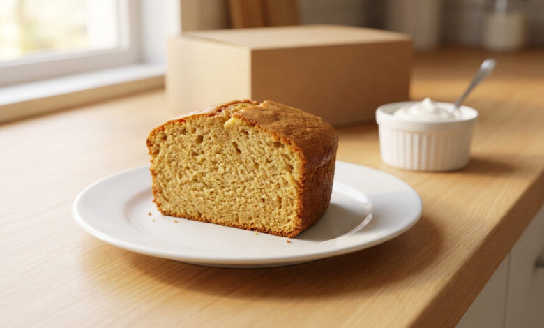Une tranche de gâteau moelleux sur une assiette blanche, avec un pot de crème et une boîte en carton en arrière-plan.