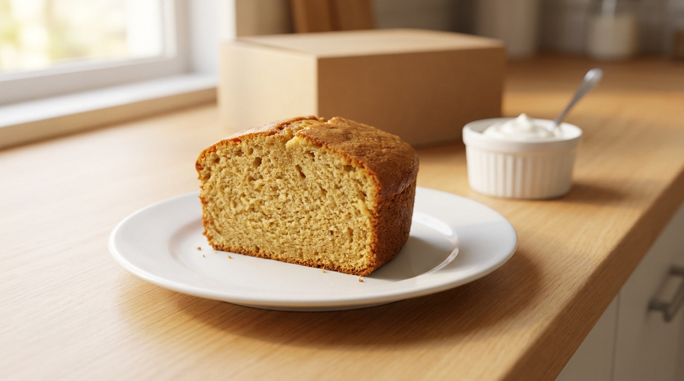 Une tranche de gâteau moelleux sur une assiette blanche, avec un pot de crème et une boîte en carton en arrière-plan.