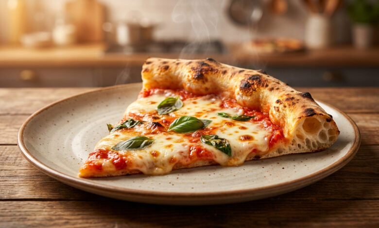 Gros plan d'une part de pizza Margherita fumante sur une assiette en céramique, avec croûte dorée, mozzarella fondue et basilic frais.