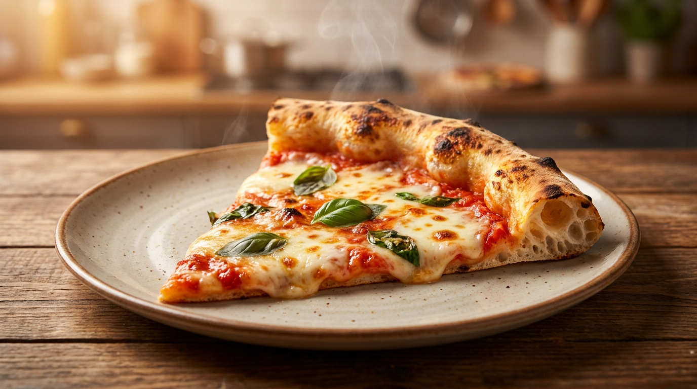 Gros plan d'une part de pizza Margherita fumante sur une assiette en céramique, avec croûte dorée, mozzarella fondue et basilic frais.