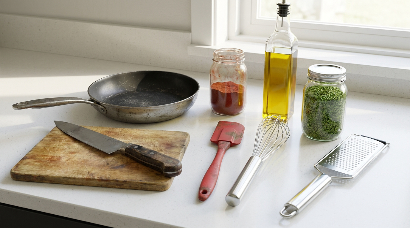 Vue rapprochée d'un comptoir de cuisine avec divers ustensiles usagés et ingrédients : huile, épices et herbes. Lumière naturelle.